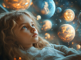 Naklejka premium Illustration of a child lying on the bed looking at planets and stars floating above the bed. Children's bedroom atmosphere. Children's dreams before bed. About space science.