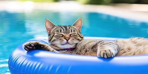 cat relaxing on pool floatie