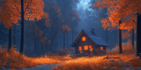 Serene autumn cabin retreat enchanted forest photography cozy atmosphere late evening tranquil escape into nature