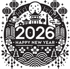 Happy new year icon silhouette vector with white background
