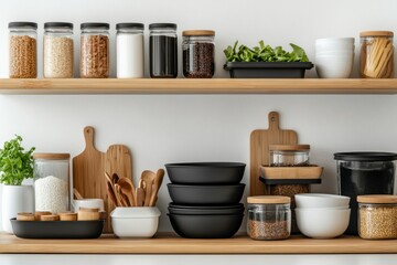 Organized Kitchen Shelves with Clear Containers and Wooden Accents