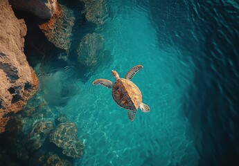 Fototapeta premium Graceful Sea Turtle Swimming in Crystal Clear Water Above Rock Formation in Serene Marine Environment