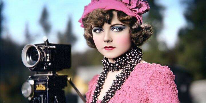 modern color photo of silent film damsel -