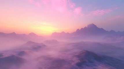 Fototapeta premium A soft sunrise over a barren mountain range with the sky glowing pink and purple