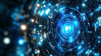 Obraz premium AI-inspired vertical video design with a glowing blue icon, advanced data matrix effects, and HUD overlays on a sleek abstract tech background.