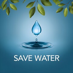 Save Water - World Wetlands Day Observed on February 2, High-Quality 3D Illustration of a Water Droplet Falling into a Rippled Water Surface with Floating Green Leaves, Promoting Water Conservation an