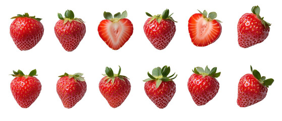 Strawberry Array: A vibrant array of fresh, red strawberries, some whole and some sliced open to reveal their juicy interiors. This delicious composition evokes the sweetness of summer.