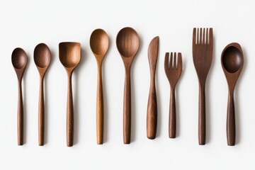 Assorted Wooden Utensils Arranged Neatly on a Light Background