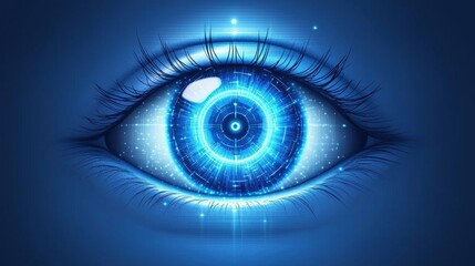 Fototapeta premium Futuristic blue light explosion expanding into a human eye in space, representing technological vision, AI control, and the inspired essence of creation.