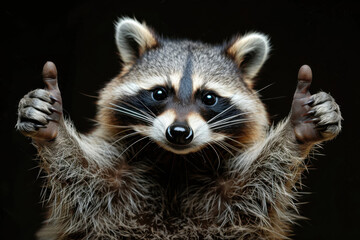 Fototapeta premium Raccoon gives thumbs up against a dark background in high resolution