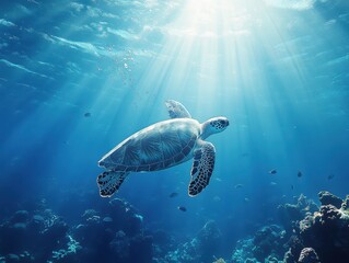 Obraz premium Graceful underwater scene showcasing a sea turtle swimming through vibrant coral reefs with sun rays shining from above in a serene ocean environment