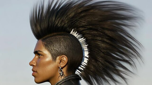 Bold hairstyle featuring a long mohawk with a striking appearance under clear skies
