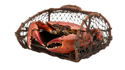Fresh crab caught in a traditional fisherman's trap, ready to be cooked and served. transparent background