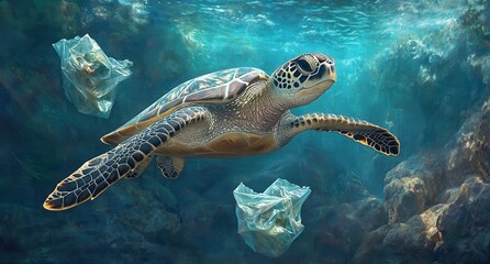 Obraz premium Green Sea Turtle Swimming Beneath Water with Plastic Waste, Highlighting Ocean Pollution and Marine Life Conservation Efforts