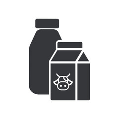 Isolated icon of a milk box and bottle with a cow symbol on the packaging, pictogram sign beverages, nutrition, drinks.