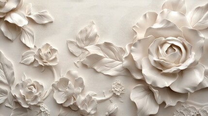 Exquisite 3D plaster rose wallpaper background for custom digital printing, featuring a high-quality design perfect for sophisticated interiors and distinctive home decor enhancements.