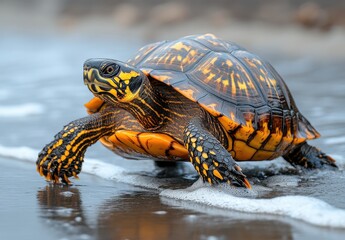Obraz premium Majestic aquatic turtle with vibrant shell colors crawling along the sandy coastline, showcasing intricate patterns and textures in natural habitat