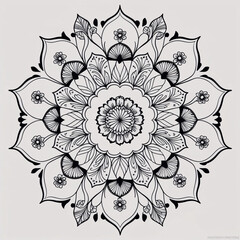 Serene Flower Mandala Design with Subtle Line Art Detailing and Balanced Geometry round damask pattern and arabesque elements