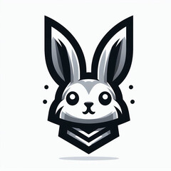 Obraz premium The rabbit logo is a bold style with a 3D effect, featuring long sharp ears, using a bold black outline and gray gradations, on a white background that gives a cute yet futuristic impression.