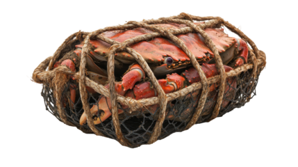 Fresh seafood crab in a traditional basket with rope and netting for cooking. transparent background