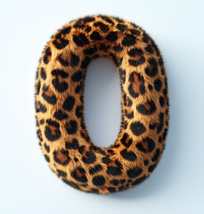 The number zero, made of leopard print material, is on a white background. 
