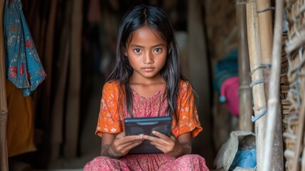 Fototapeta premium Young girl in rural setting using tablet.