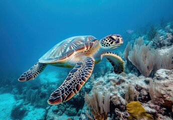 Obraz premium Majestic Green Sea Turtle Swimming Gracefully Among Vibrant Coral Reefs in Crystal Clear Ocean Waters of Tropical Paradise
