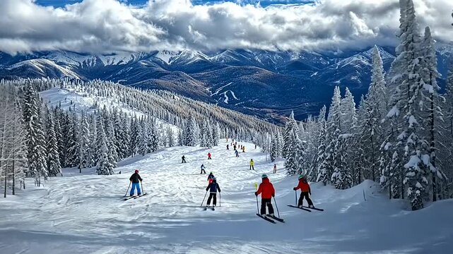 Skiers navigating a snowy slope amidst towering pine trees and majestic mountains