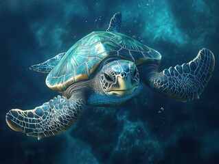 Fototapeta premium Majestic sea turtle gliding gracefully through clear blue ocean waters, showcasing intricate shell patterns and vibrant marine life surroundings