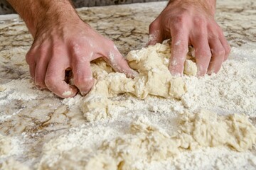 Obraz premium Hands Kneading Dough on Marble Surface in Cozy Kitchen Setting