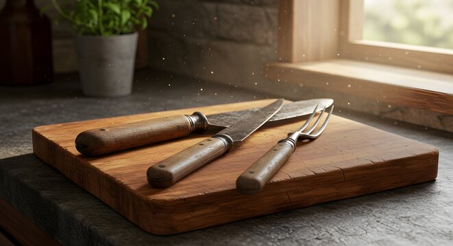 A rustic kitchen scene with a wooden cutting board, on which a vintage knife and fork rest side by side. The knife’s blade has a slightly worn, matte finish, and its handle is crafted fro...