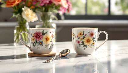 A pair of matching ceramic mugs placed side-by-side on a sleek marble counter. The mugs are painted with intricate floral designs, and their surfaces have a subtle sheen. Between the mugs...