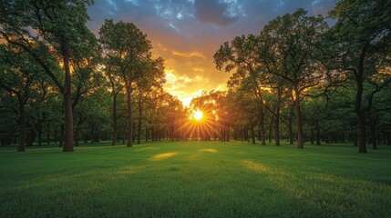 Fototapeta premium Peaceful landscape in a park with vibrant green grass and tall trees at sunrise, offering a serene atmosphere as the morning sun warms the scene.