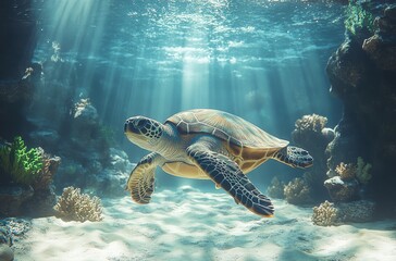Obraz premium Majestic Sea Turtle Gliding Through Calm Ocean Waters with Coral Reef and Sunlight Streaming from Above in a Beautiful Underwater Landscape