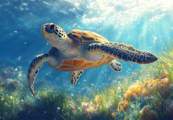 Obraz premium Majestic Sea Turtle Gliding Through Clear Tropical Waters Surrounded by Colorful Corals and Dappled Sunlight Filtering Through the Ocean Surface