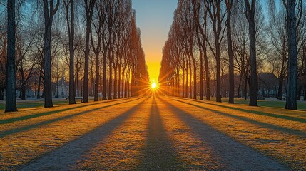 Obraz premium Early morning landscape in a park with green grass, tall trees, and the fresh light of dawn casting long shadows and highlighting the natural beauty.