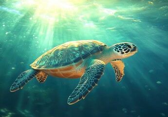 Obraz premium Majestic Sea Turtle Gliding Through Crystal Clear Ocean Waters with Sunlight Streaming from Above, Capturing the Beauty of Underwater Life