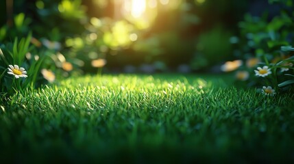 Naklejka premium Scenic park in the morning with green grass fields, trees swaying in the breeze, and early sunlight filling the air with warmth and calmness.
