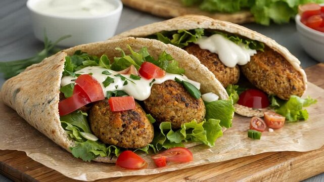 A closeup of a whole grain pita stuffed with falafel crunchy lettuce and diced tomatoes all peeking out adorned with a dollop of tzatziki.