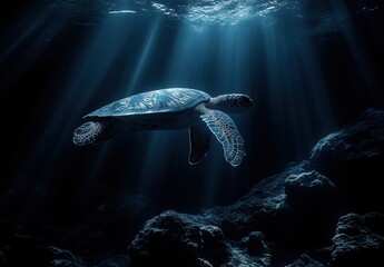 Fototapeta premium Majestic Sea Turtle Gliding Through Serene Underwater Scene with Rays of Light Illuminating the Deep Blue Ocean Environment
