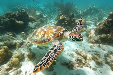 Fototapeta premium Majestic Sea Turtle Gliding Through Vibrant Coral Reef in Crystal Clear Ocean Water Underneath the Sunlight