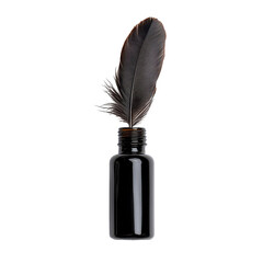 Ink bottle with feather for creative writing. transparent background