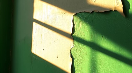 Sunlight casting shadows on a peeling green and beige wall, highlighting texture and wear