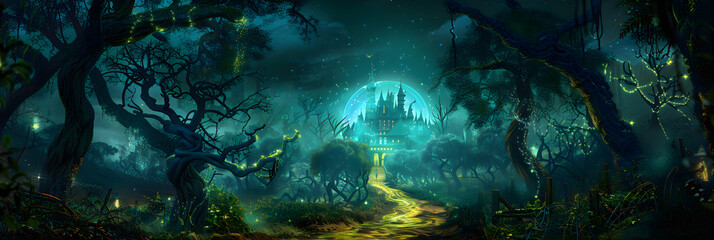 Mysterious Nighttime Journey through Magical Forest towards Emerald City in 'Oz' story