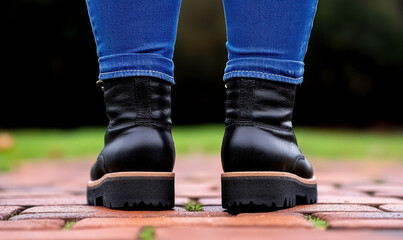 Stylish Black Boots on a Pathway Surrounded by Green Grass, Captured from Behind, Showing the Detail of Footwear and Denim Jeans