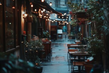 Cozy Evening Alleyway with String Lights and Potted Plants
