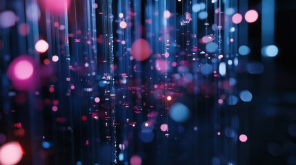 Abstract data stream with glowing orbs and lines in red and blue on black background