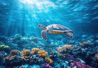 Fototapeta premium Majestic Sea Turtle Swimming Gracefully Above Vibrant Coral Reef in Crystal Clear Ocean Waters with Sunlight Filtering Through Water Surface