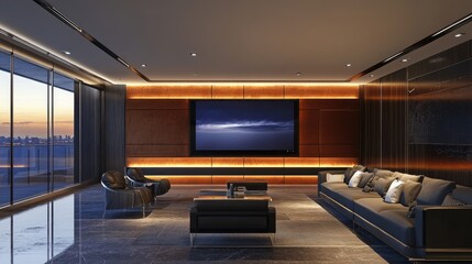 Fototapeta premium Sleek 3D-Rendered TV Studio with Wall-Mounted Screen and Ambient Lighting