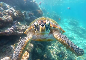 Fototapeta premium Majestic Sea Turtle Swimming Gracefully Among Vibrant Coral Reef with Colorful Tropical Fish in Clear Blue Ocean Water Under Bright Sunlight